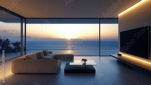 Modern living room with ocean view at sunset