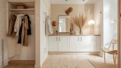 Minimalist entryway with coats,mirror,and decorative plants