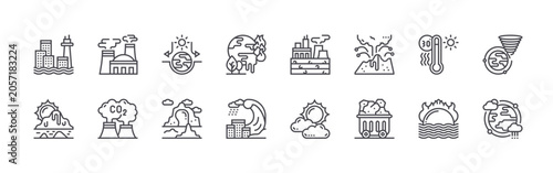 Foto set of 16 thin line climate change icons such as sea level, melting, nuclear plant, carbon dioxide, greenhouse effect, glacier, warming, tsunami, fossil fuels