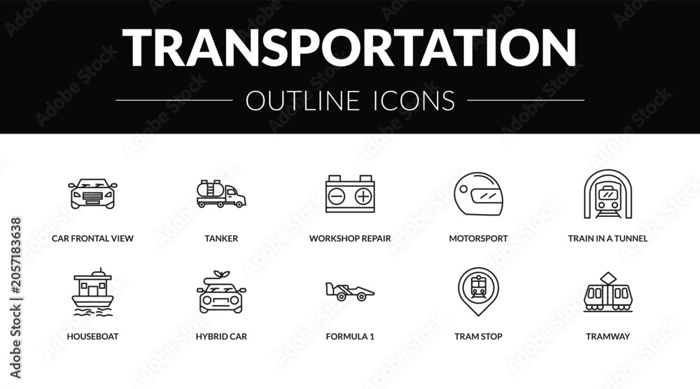 Naklejka premium outline transportation icons set - car frontal view, tanker, houseboat, tramway. editable vector for web and mobile ui