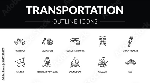 Tableau sur toile outline transportation icons set - tow truck, excavators, jetliner, taxi