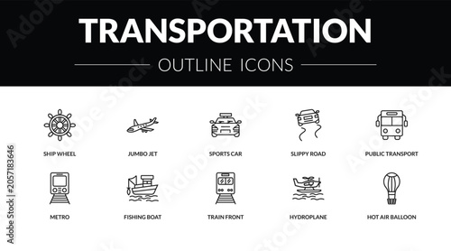Foto outline transportation icons set - ship wheel, jumbo jet, metro, hot air balloon