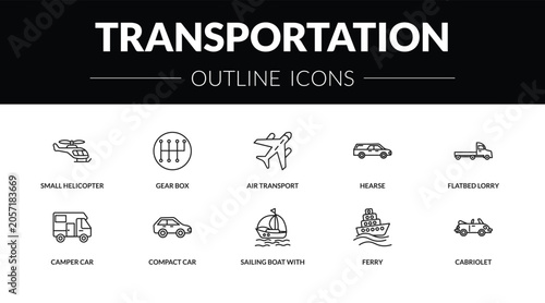 Obraz na płótnie outline transportation icons set - small helicopter, gear box, camper car, cabriolet