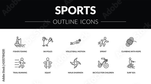 Konstfotografi outline sports icons set - fisher fishing, ski poles, trail running, surf sea