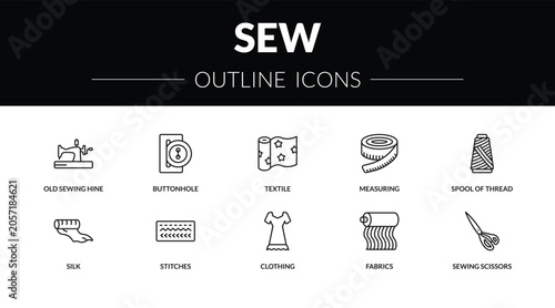 Obraz na plátne outline sew icons set - old sewing hine, buttonhole, silk, sewing scissors