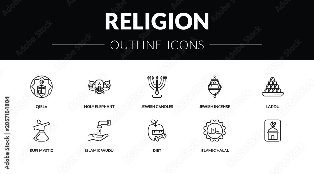 Fototapeta premium outline religion icons set - qibla, holy elephant, sufi mystic, . editable vector for web and mobile ui