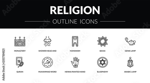 Fotografia outline religion icons set - monastery, shower head and water, quran, arabic lamp