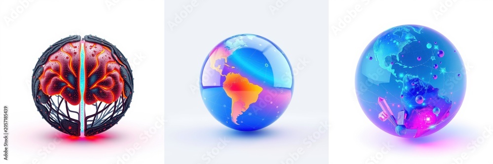 Obraz premium Three spherical images depict brain, earth, globe. Vivid colors, glossy surfaces create futuristic aesthetic. Digital art, concept illustration.