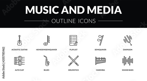 Foto outline music and media icons set - acoustic guitar, hemidemisemiquaver, alto clef, sound bars