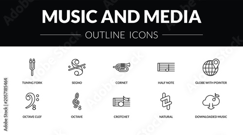 Tableau sur toile outline music and media icons set - tuning fork, segno, octave clef, downloaded music cloud
