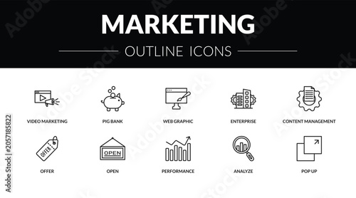 Foto outline marketing icons set - video marketing, pig bank, offer, pop up