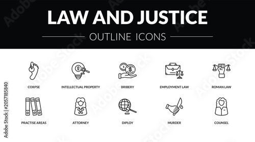 Foto outline law and justice icons set - corpse, intellectual property, practise areas, counsel