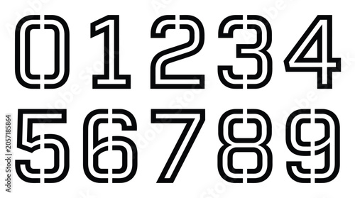Black stencil numbers zero through nine arranged in two rows