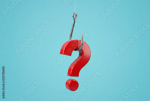 Red three dimensional question mark caught on a metal fishing hook