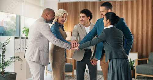 Konstfotografi Teamwork, business people and stack hands in office for cooperation, support and goal motivation