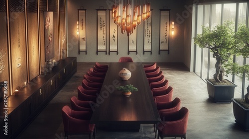 Elegant dining room with a long table and red chairs,traditional scrolls on the wall,and a bonsai tree.