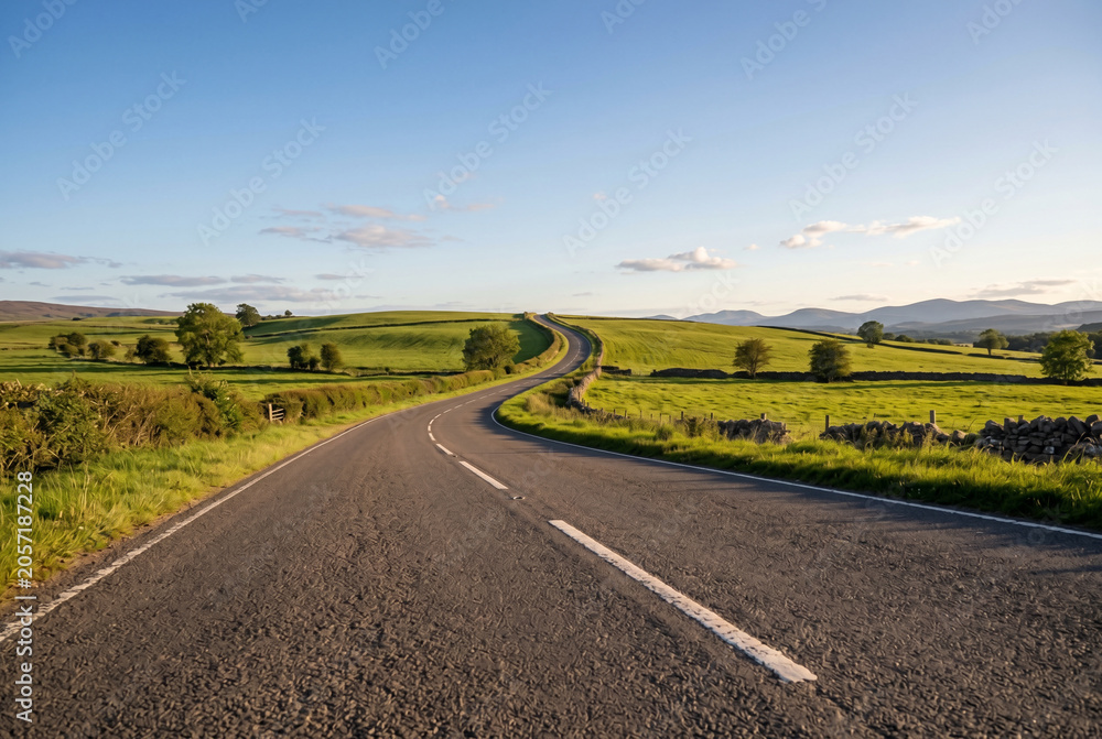 Naklejka premium Empty asphalt road winding through green grassy hills under clear sky