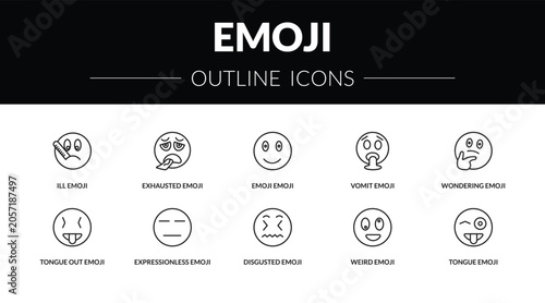 фотографія outline emoji icons set - ill emoji, exhausted emoji, tongue out tongue editable