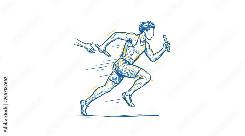 Fototapeta premium Athlete running relay race passing baton during competition.