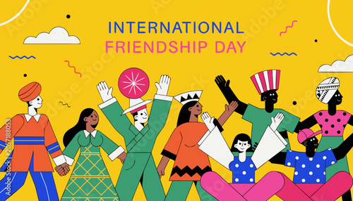 International Friendship Day, diverse people celebrating, colorful illustration, vector graphics