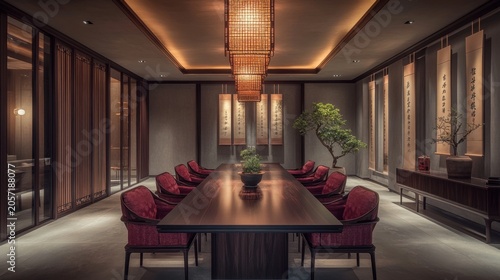 Traditional East Asian Dining Room with Long Table and Chairs