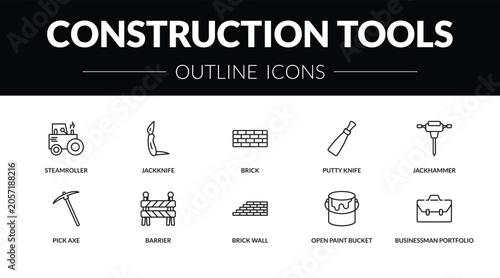 Fotografie outline construction tools icons set - steamroller, jackknife, pick axe, businessman portfolio