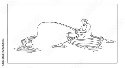 Fisherman in boat catches jumping fish with fishing rod, line taut, splashing water