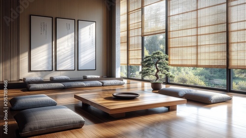 Zen living room with tatami mats and a bonsai tree