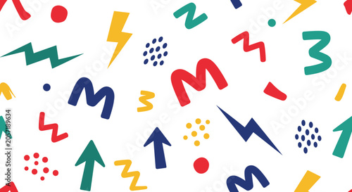 Dynamic abstract pattern showcases various colorful shapes like lightning bolts arrows and zigzags in primary colors on white background.