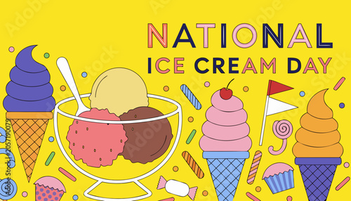 National Ice Cream Day, colorful illustration, ice cream cones, sweet treats, dessert icons