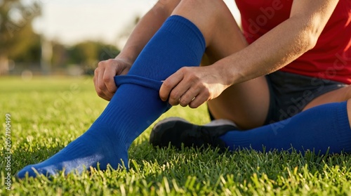Woman soccer player sitting on grass and pulling up blue stocking. Athlete preparing for football game on field. Sports equipment and gear for active training of professional team.