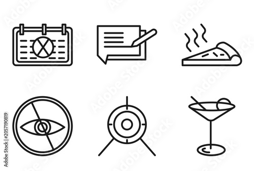 outline ultimate glyphicons icons set - calendar with letter x, writing message, pizza piece, cocktail glass. editable vector for web and mobile ui