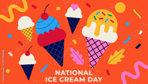 National Ice Cream Day, colorful ice cream cones, sweet treats, dessert icons