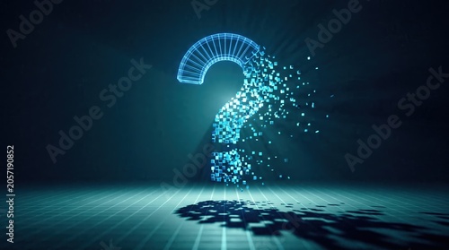 Blue digital question mark glowing with pixel disintegration effect on dark background for technical support and data analysis presentations