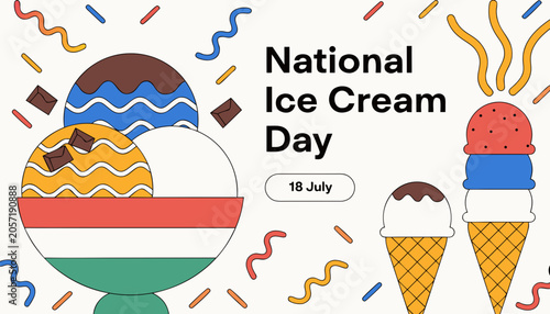 National Ice Cream Day, colorful ice cream icons, sweet treats, dessert graphics