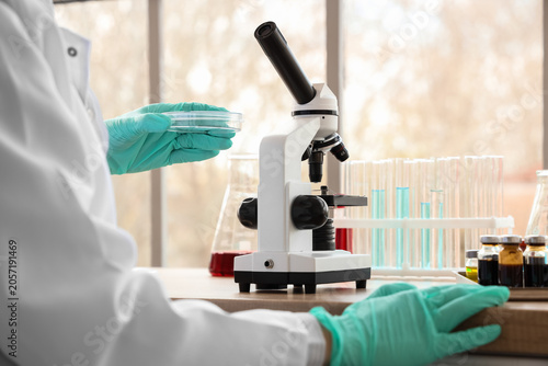 Female scientist with microscope and Petri dish in laboratory, closeup
