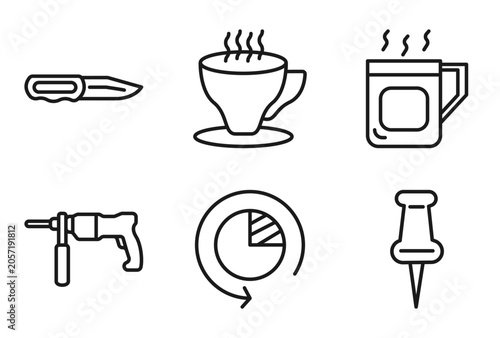 Fényképezés outline tools and utensils icons set - penknife, cup of tea, cup of hot coffee, tack save button