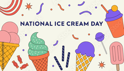 National Ice Cream Day icons, colorful dessert graphics, ice cream cone illustrations, sweet treats collection