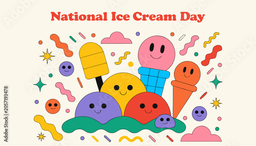 Colorful ice cream illustrations, National Ice Cream Day icons, sweet treats graphics, dessert vector set