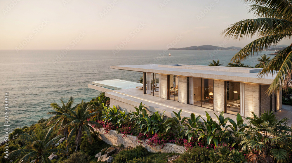 Fototapeta premium Modern Luxury Cliffside Villa Overlooking the Calm Ocean at Sunset