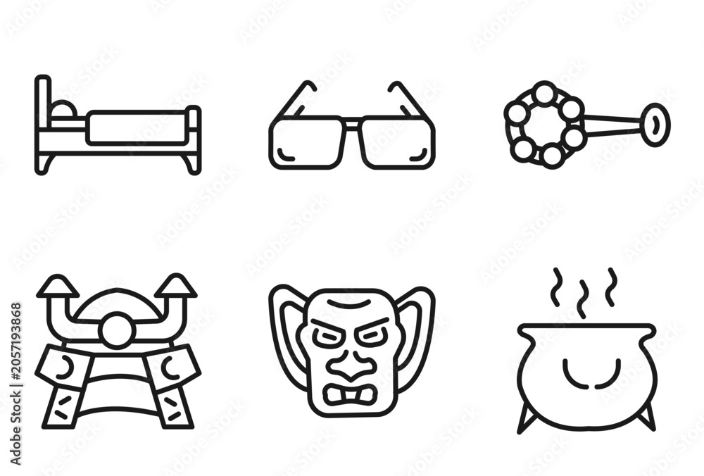 Fototapeta premium outline other icons set - sleeping bed, vintage eyeglasses, baby's rattle, caudron. editable vector for web and mobile ui