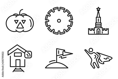 Photography outline other icons set - pirate pumpkin, saw blade, kremln, super hero