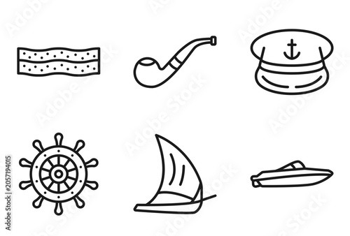 Fotografía outline nautical icons set - salt water, pipe, sailor cap, speedboat