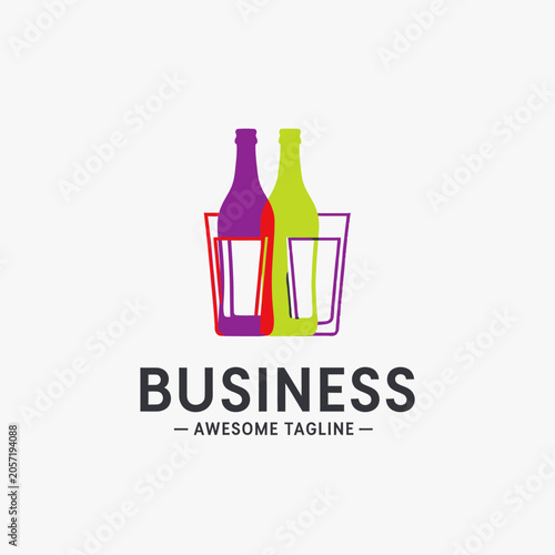 Colorful wine bottles and glasses logo with business text.