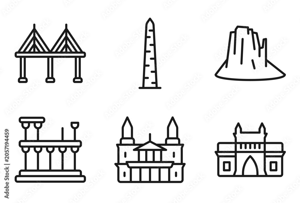 Fototapeta premium outline monuments icons set - t, walled obelisk, canyon, gat of india. editable vector for web and mobile ui