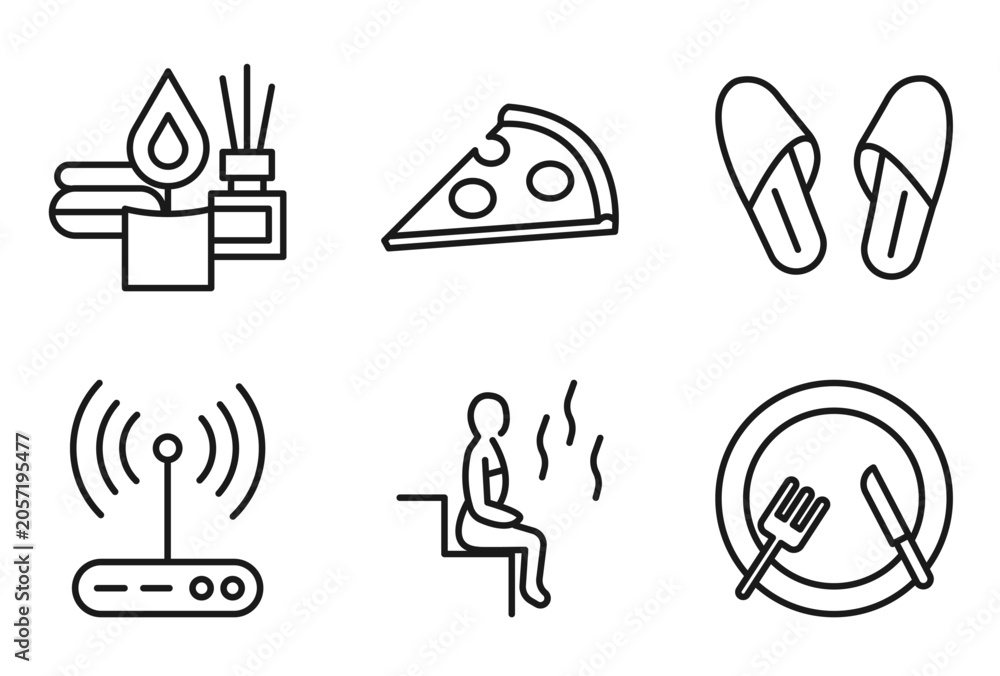 Fototapeta premium outline hotel icons set - spa, pizza, slippers, food. editable vector for web and mobile ui