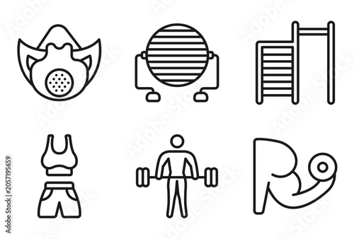 Fotografie outline gym and fitness icons set - elevation mask, pilates ball, tightening bar, lifting dumbbells