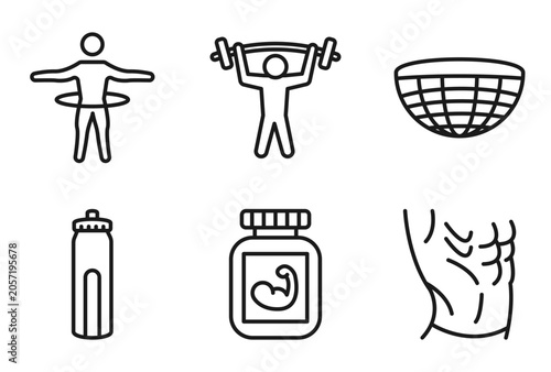 Obraz na płótnie outline gymandfitness icons set - stick man hoop, barbell weightlifting, bosu ball, press