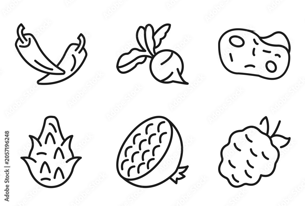 Fototapeta premium outline fruits and vegetables icons set - pepper, radish, potato, blackberry. editable vector for web and mobile ui