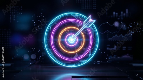 Holographic target goal icon glowing neon pierced digital arrow.
